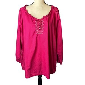 Bit & Bridle Womens 3X Pink Cotton Embroidered Ruffle Neck Long Sleeve Tunic Top